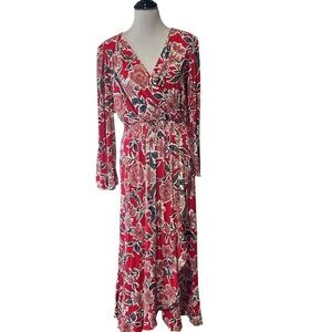 Elegant Red Floral Wrap Dress XL NWT